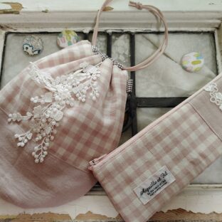 ゆらゆらレースの雫巾着とペンケースのセット